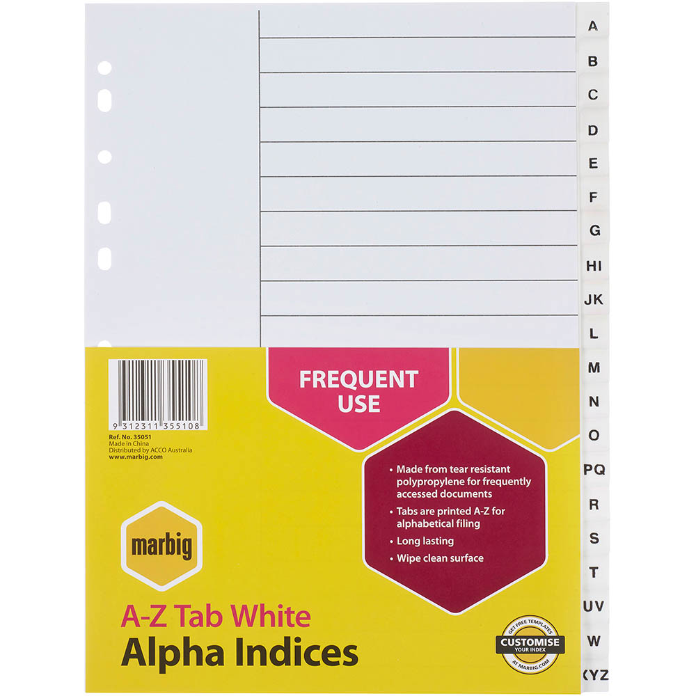 Image for MARBIG INDEX DIVIDER PP A-Z TAB A4 WHITE from Office Express