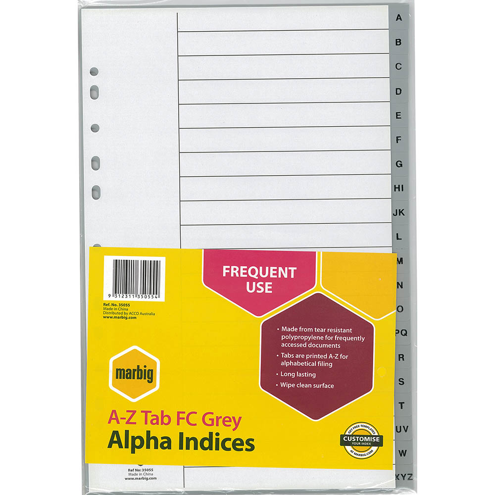 Image for MARBIG DIVIDER PP A-Z TAB FOOLSCAP GREY from Mitronics Corporation