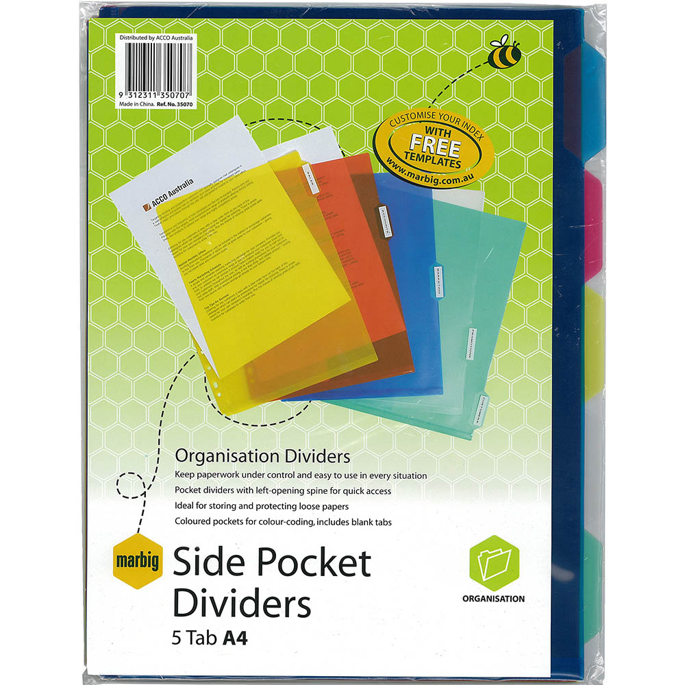 Image for MARBIG SIDE POCKET DIVIDERS PP 5-TAB A4 ASSORTED from Prime Office Supplies