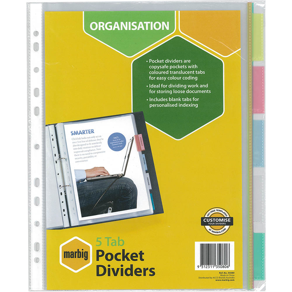 Image for MARBIG COPYSAFE DIVIDER POCKET PP 5-TAB A4 ASSORTED from Mitronics Corporation