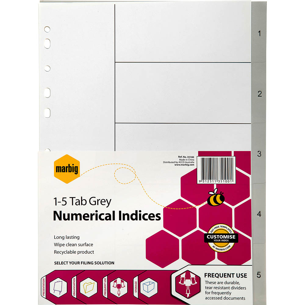 Image for MARBIG INDEX DIVIDER PP 1-5 TAB A4 GREY from BusinessWorld Computer & Stationery Warehouse