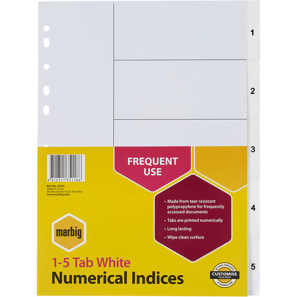 Image for MARBIG INDEX DIVIDER PP 1-5 TAB A4 WHITE from Australian Stationery Supplies