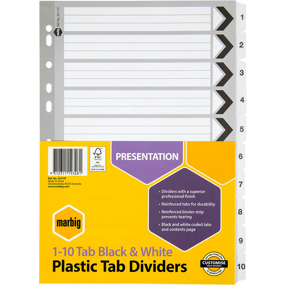 Image for MARBIG INDEX DIVIDER REINFORCED 1-10 TAB A4 BLACK/WHITE from ALLBIZ Office Supplies