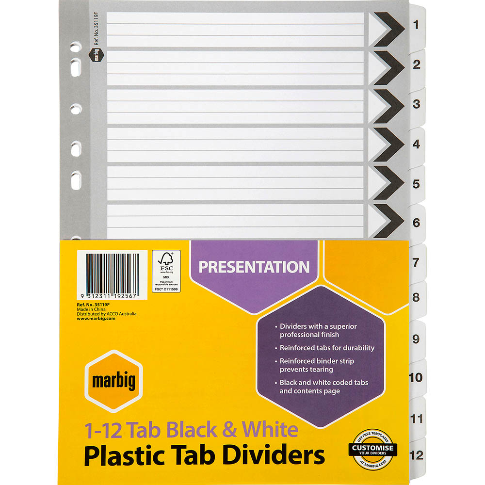 Image for MARBIG DIVIDER MANILLA 12-TAB A4 BLACK/WHITE from BusinessWorld Computer & Stationery Warehouse