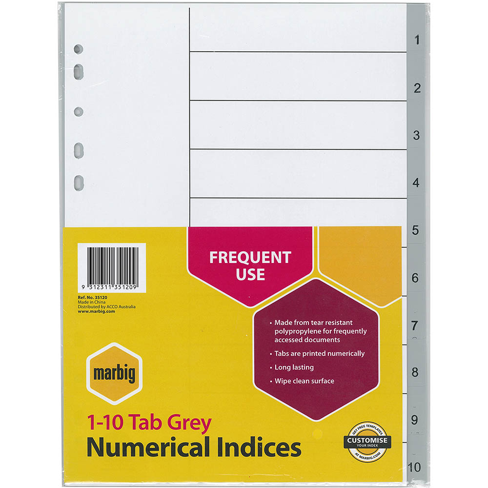 Image for MARBIG INDEX DIVIDER PP 1-10 TAB A4 GREY from Office Heaven