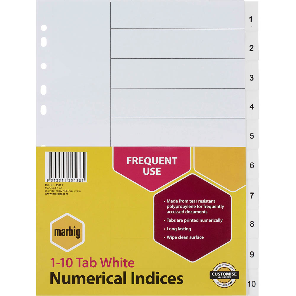 Image for MARBIG INDEX DIVIDER PP 1-10 TAB A4 WHITE from ALLBIZ Office Supplies