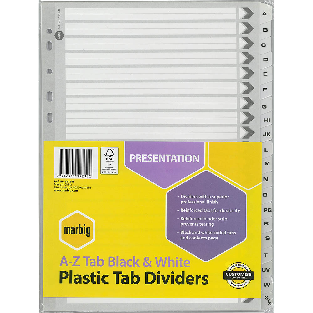 Image for MARBIG DIVIDER A-Z TAB A4 BLACK/WHITE from York Stationers