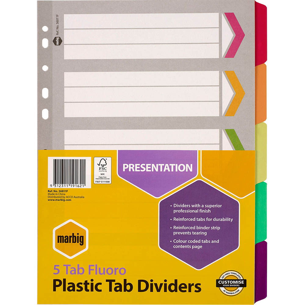 Image for MARBIG DIVIDER REINFORCED MANILLA 5-TAB A4 FLUORO ASSORTED from Mercury Business Supplies