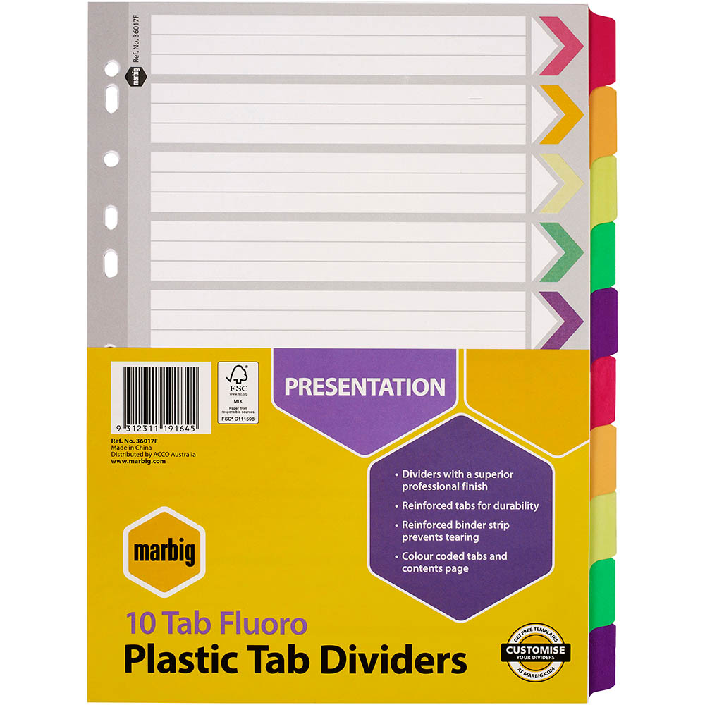 Image for MARBIG DIVIDER REINFORCED MANILLA 10-TAB A4 FLUORO ASSORTED from Mercury Business Supplies
