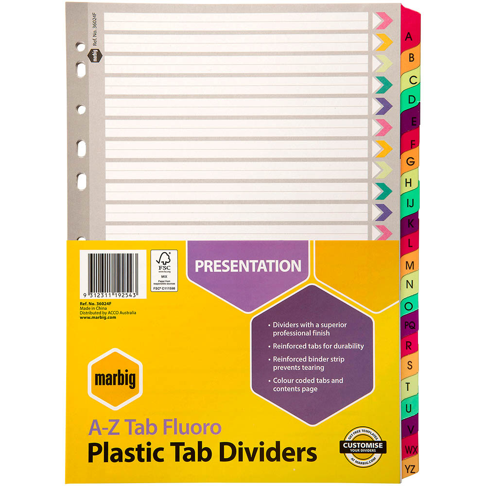 Image for MARBIG INDEX DIVIDER REINFORCED MANILLA A-Z TAB A4 FLUORO ASSORTED from Office Heaven