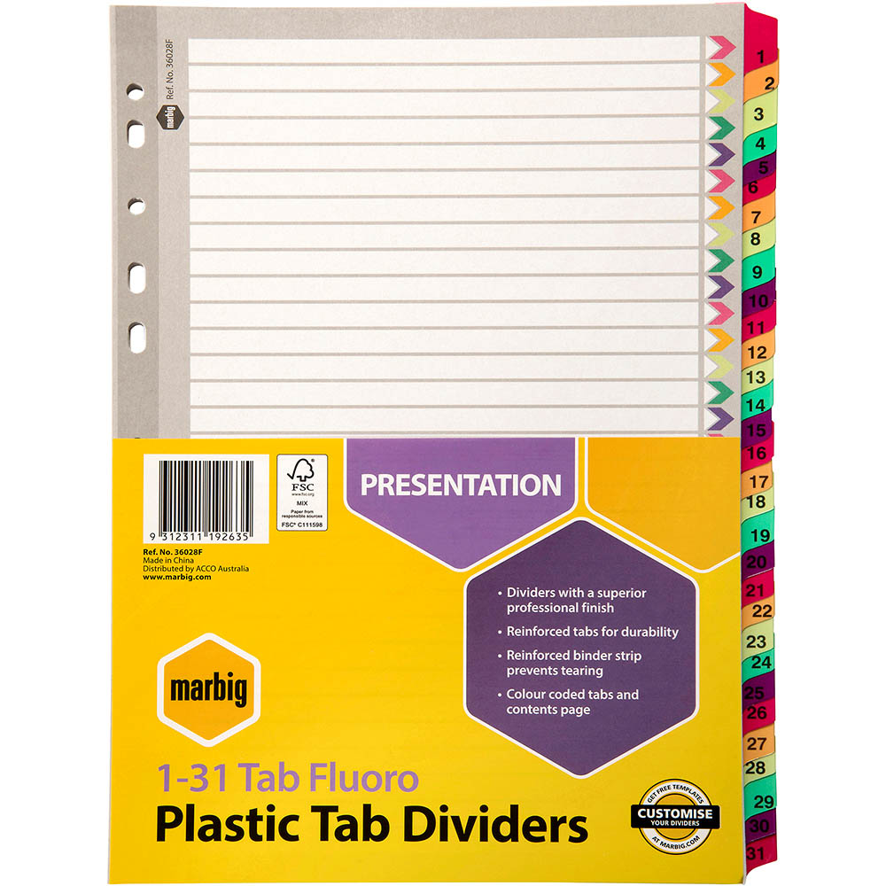 Image for MARBIG DIVIDER REINFORCED MANILLA 31-TAB A4 FLUORO ASSORTED from Office Express
