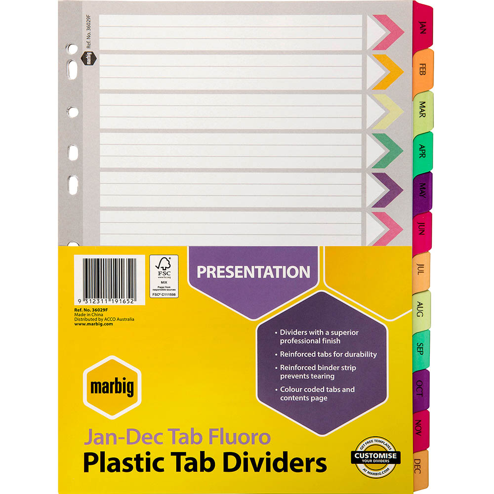 MARBIG INDEX DIVIDER REINFORCED MANILLA JAN-DEC TAB A4 FLUORO ASSORTED |  | 7009550