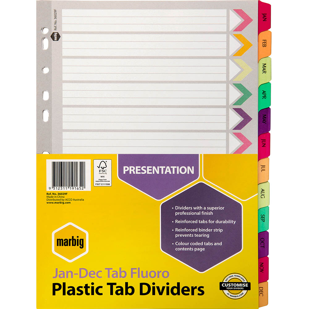 Image for MARBIG INDEX DIVIDER REINFORCED MANILLA JAN-DEC TAB A4 FLUORO ASSORTED from Eastland Office Supplies