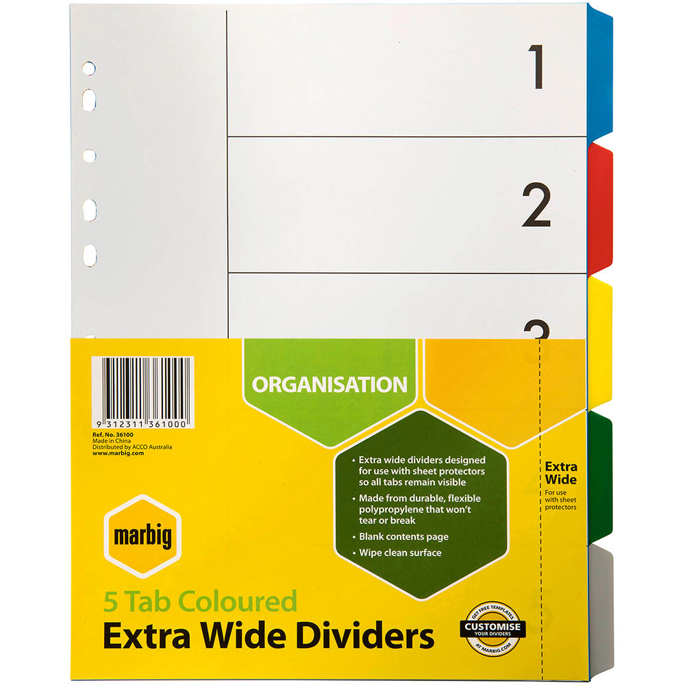 Image for MARBIG EXTRA WIDE DIVIDER PP 5-TAB A4 ASSORTED from Prime Office Supplies