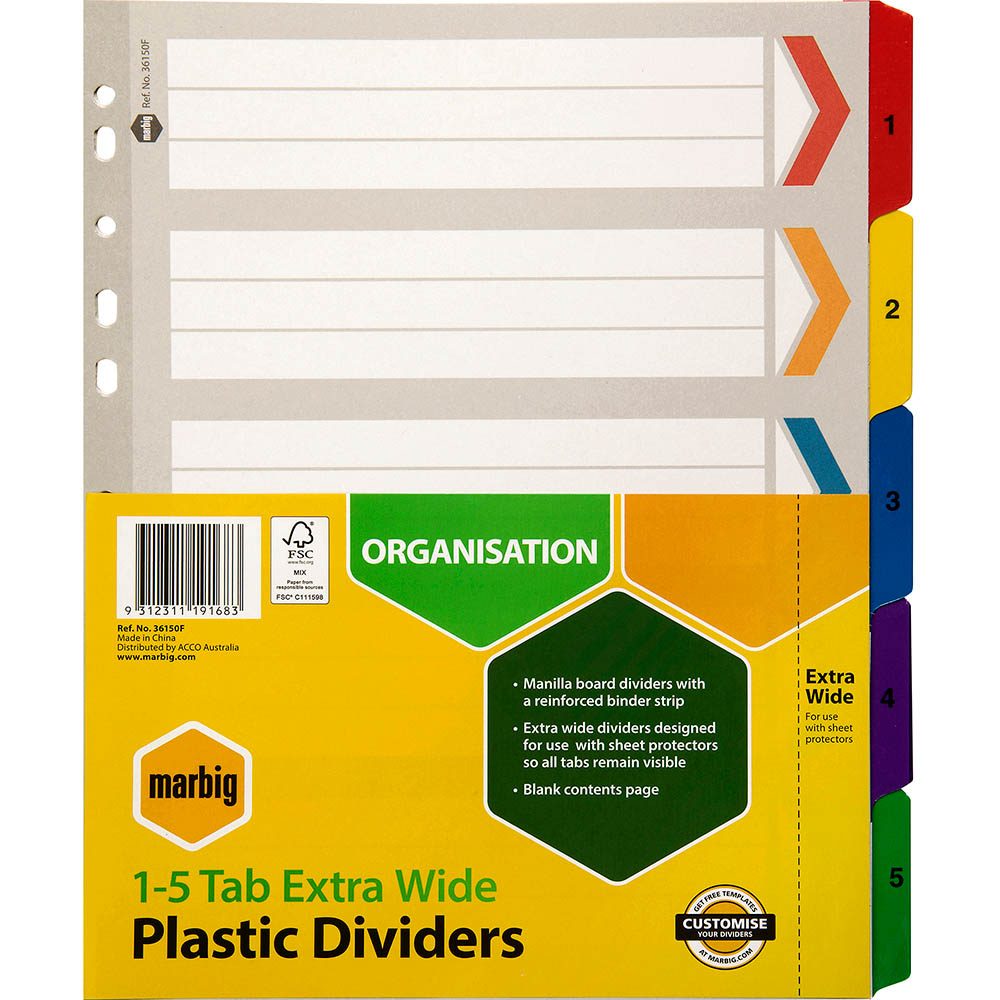 Image for MARBIG DIVIDER EXTRA WIDE MANILLA 5-TAB A4 ASSORTED from Office Express