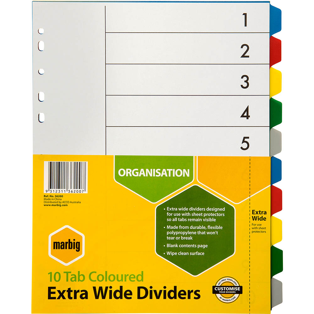 Image for MARBIG EXTRA WIDE DIVIDER PP 10-TAB A4 ASSORTED from Office Heaven