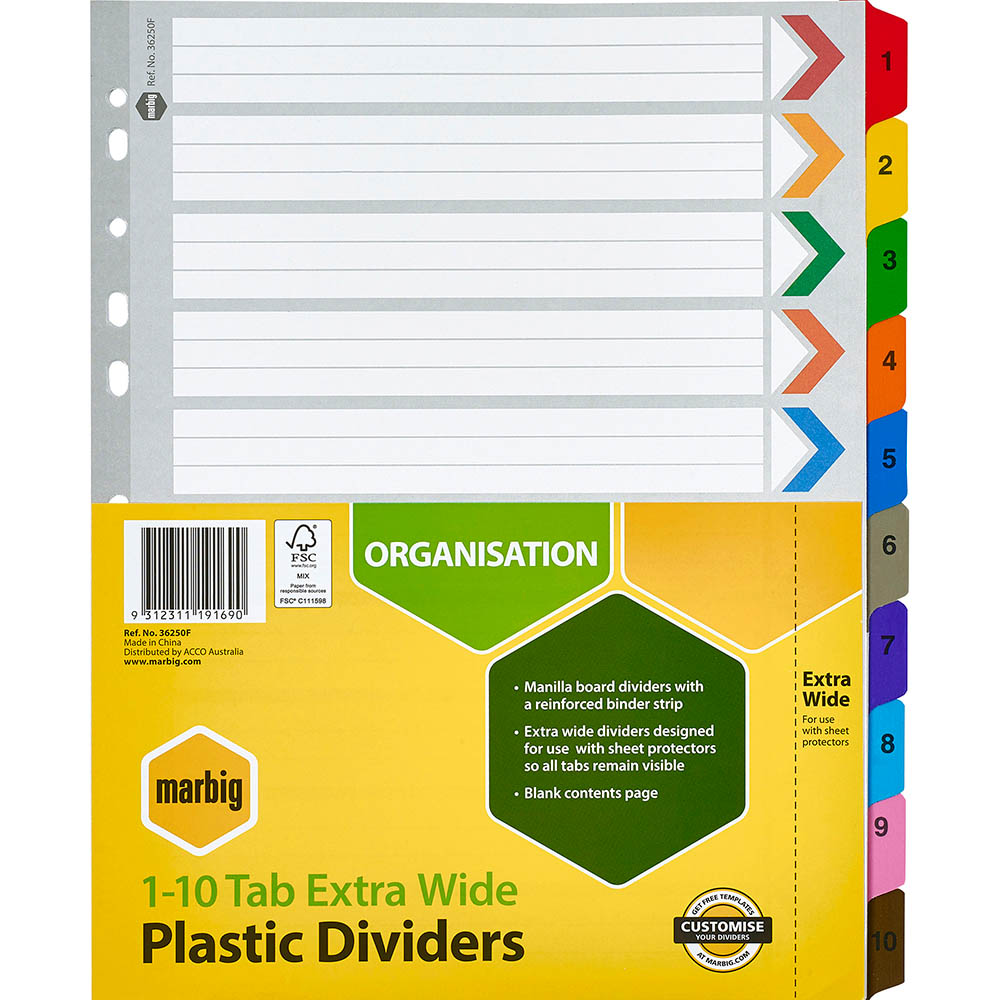 Image for MARBIG INDEX DIVIDER EXTRA WIDE MANILLA 1-10 TAB A4 ASSORTED from Challenge Office Supplies