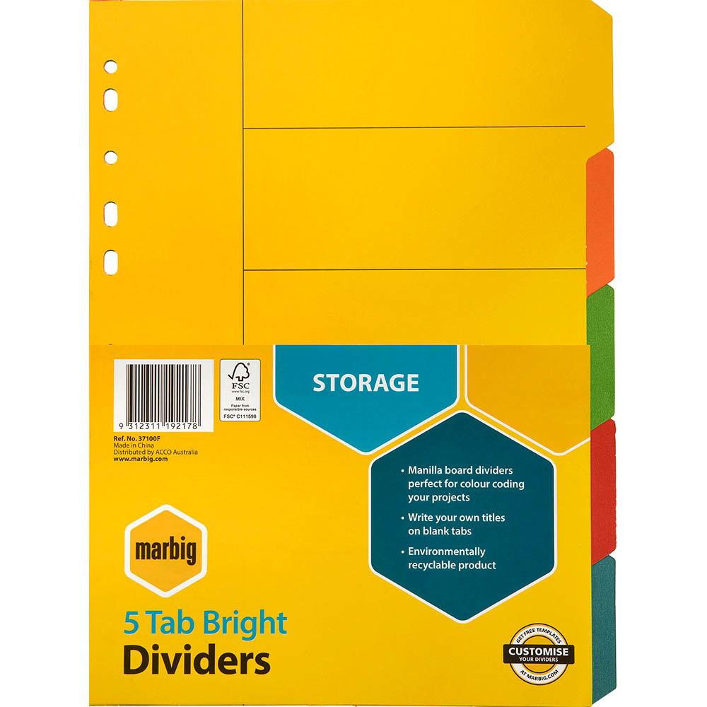 Image for MARBIG DIVIDER MANILLA 5-TAB A4 BRIGHT ASSORTED from BusinessWorld Computer & Stationery Warehouse