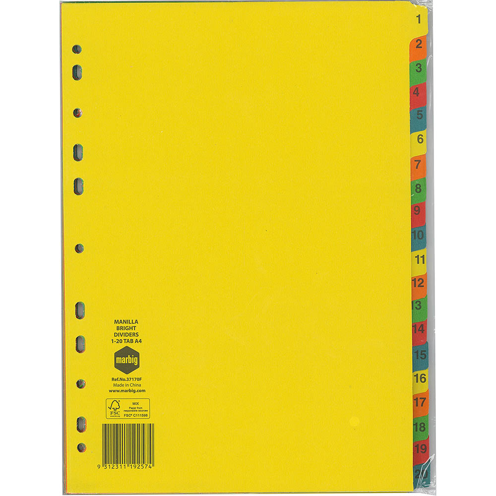 Image for MARBIG DIVIDER MANILLA 1-20 TAB A4 BRIGHT ASSORTED from Mitronics Corporation