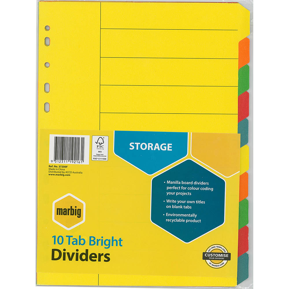 Image for MARBIG DIVIDER MANILLA 10-TAB A4 BRIGHT ASSORTED from Mitronics Corporation