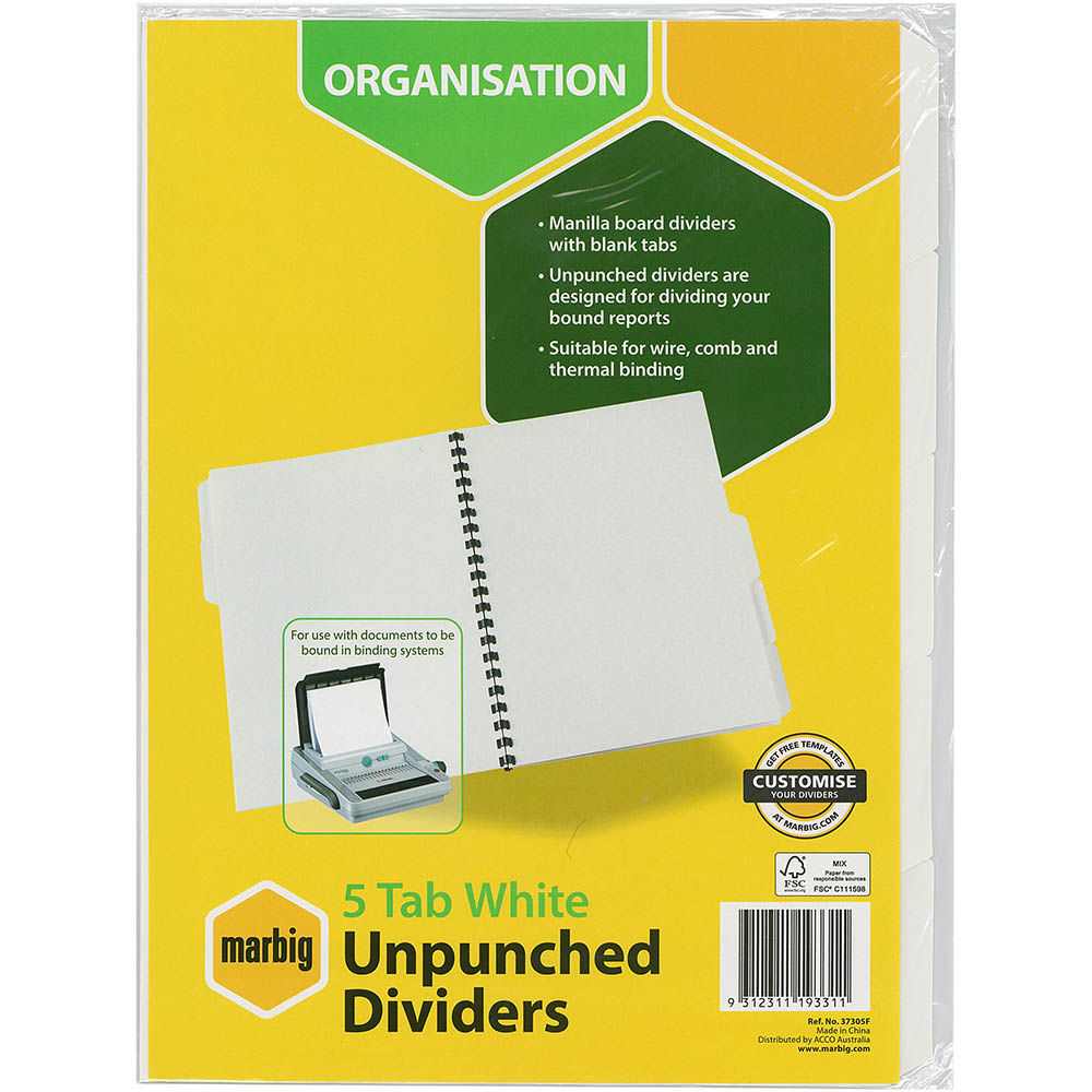 Image for MARBIG DIVIDER UNPUNCHED MANILLA 5-TAB A4 WHITE from Mitronics Corporation