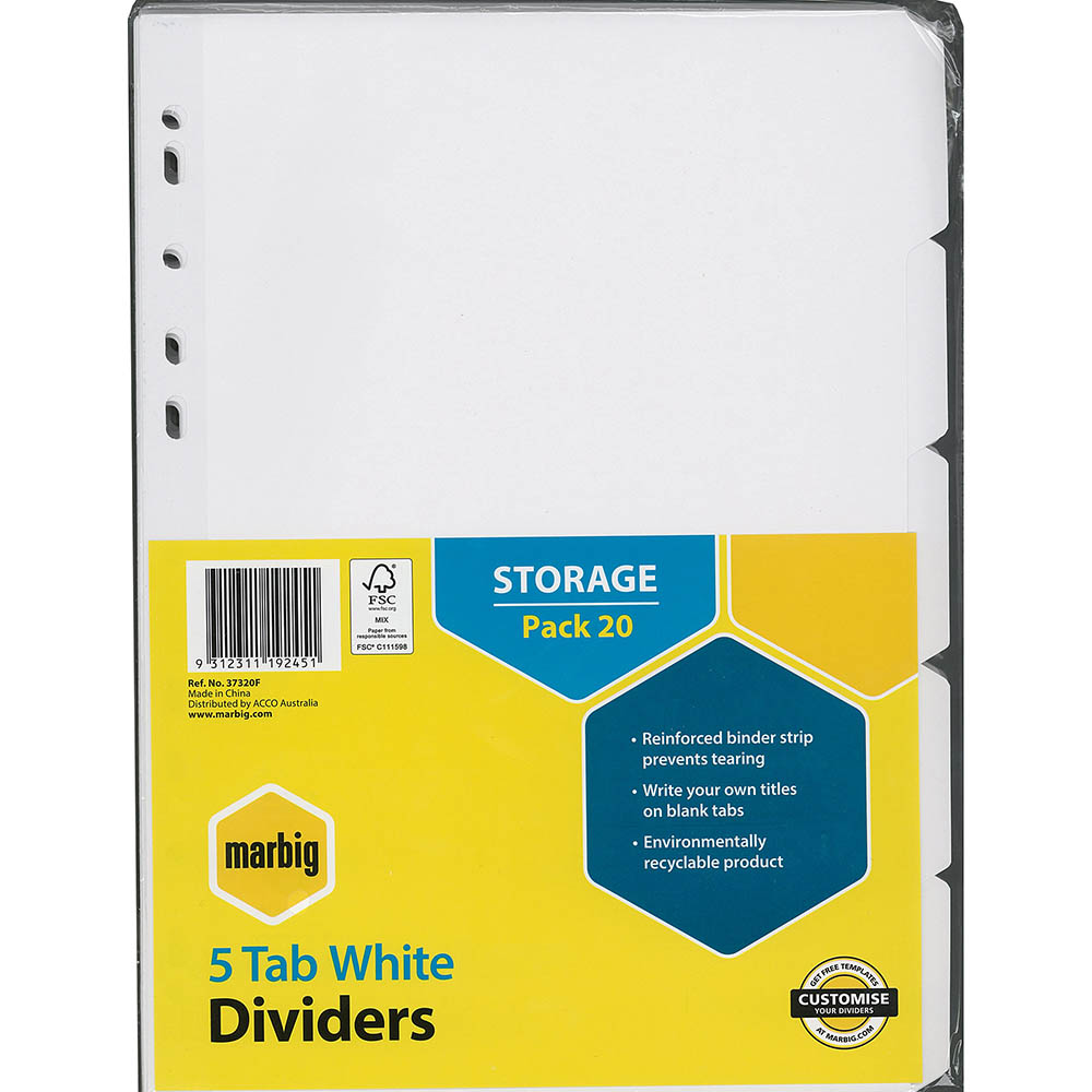 Image for MARBIG DIVIDER MANILLA 5-TAB A4 WHITE PACK 20 from York Stationers