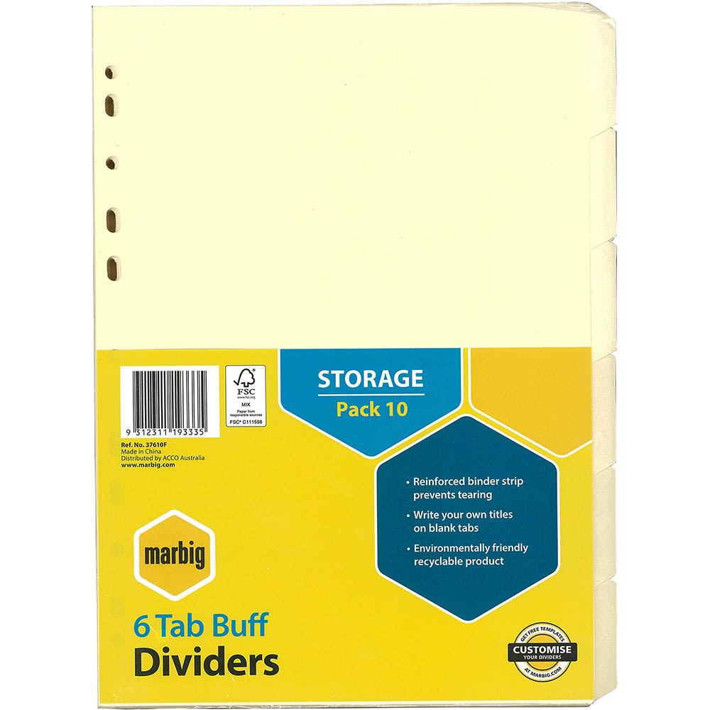Image for MARBIG DIVIDER MANILLA 6-TAB A4 BUFF PACK 10 from Challenge Office Supplies