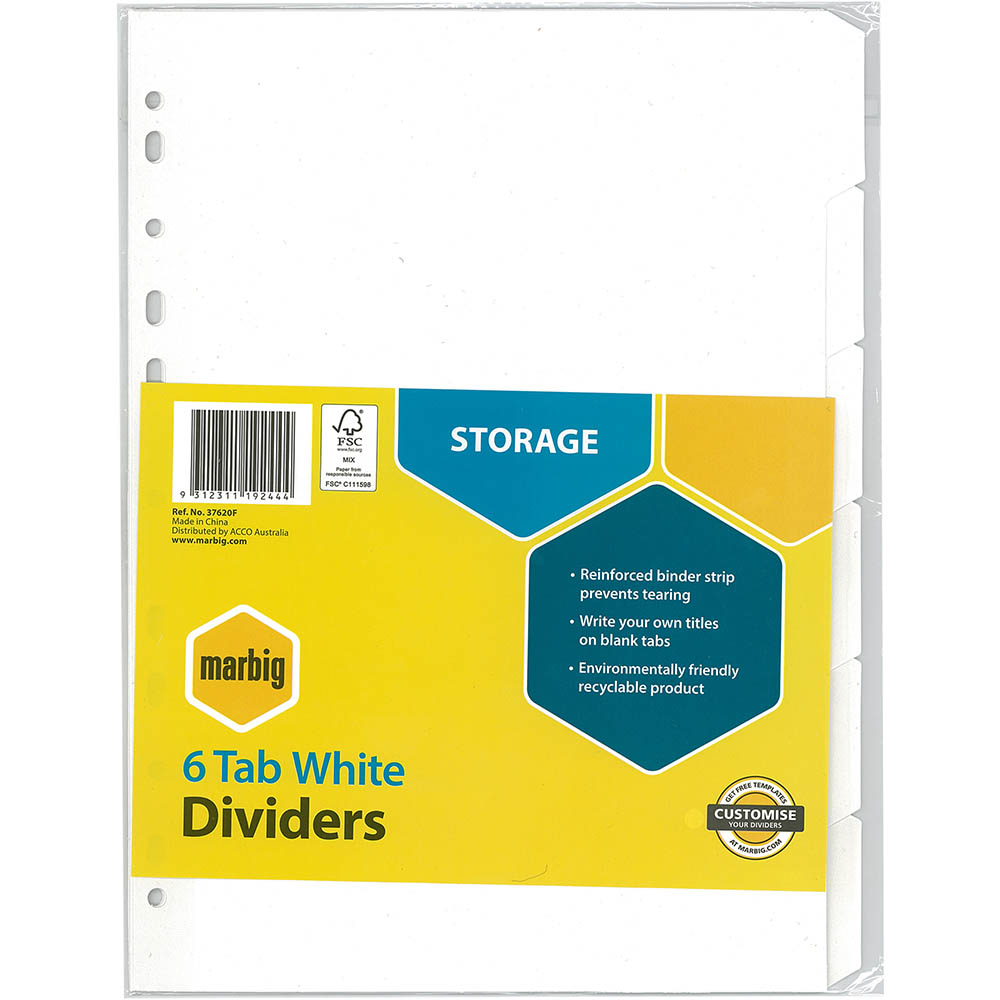 Image for MARBIG DIVIDER MANILLA 6-TAB A4 WHITE from Challenge Office Supplies