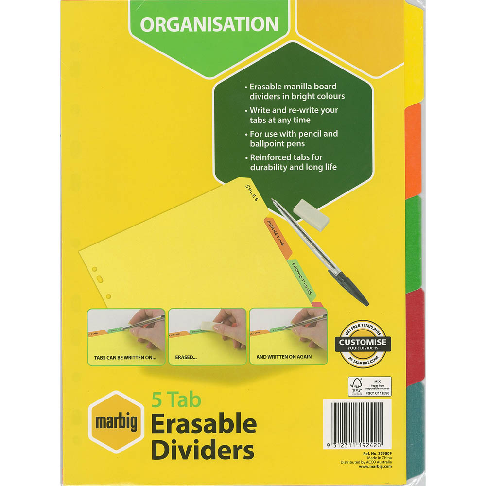 Image for MARBIG DIVIDER ERASABLE MANILLA 5-TAB A4 BRIGHTS from That Office Place PICTON