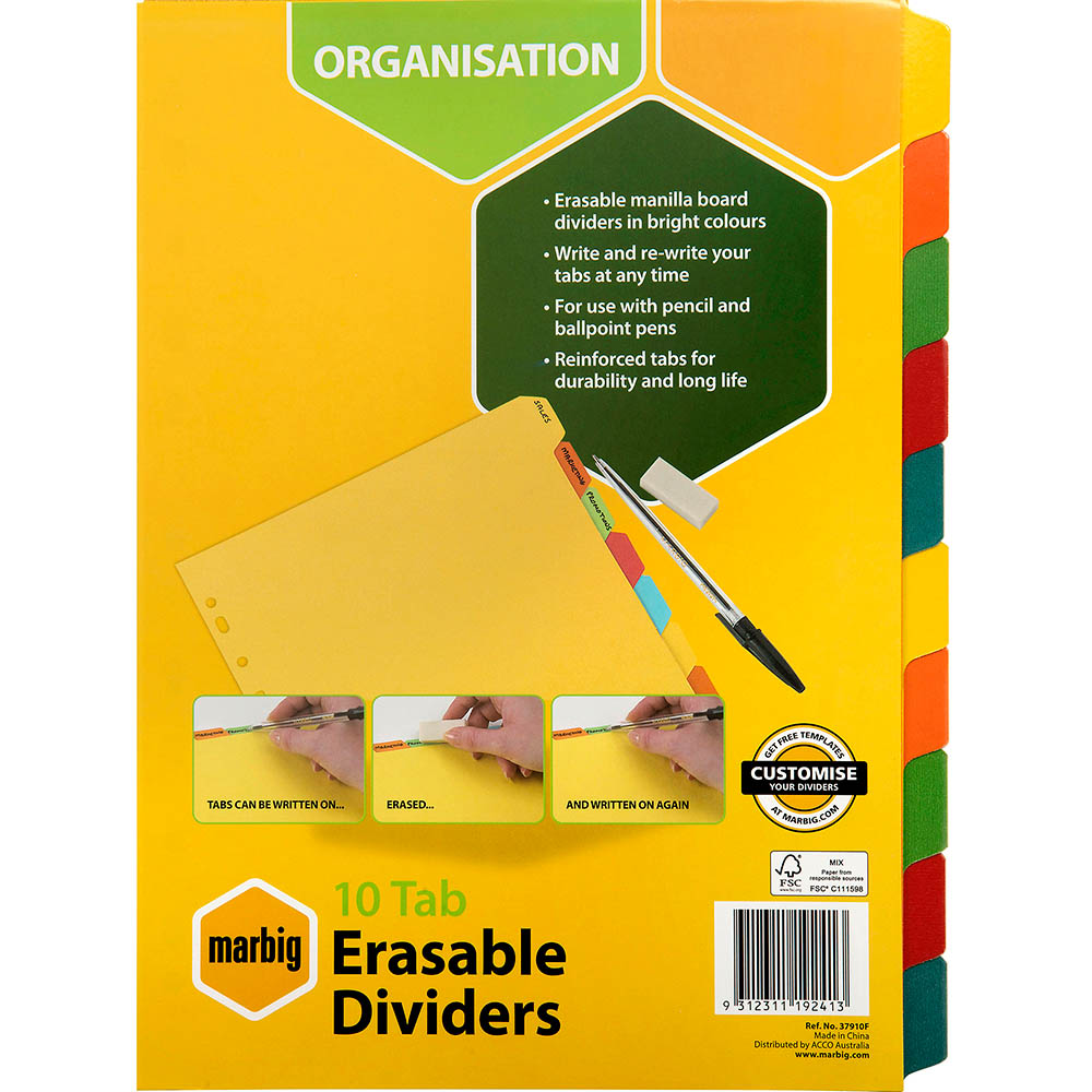 Image for MARBIG DIVIDER ERASABLE MANILLA 10-TAB A4 from That Office Place PICTON