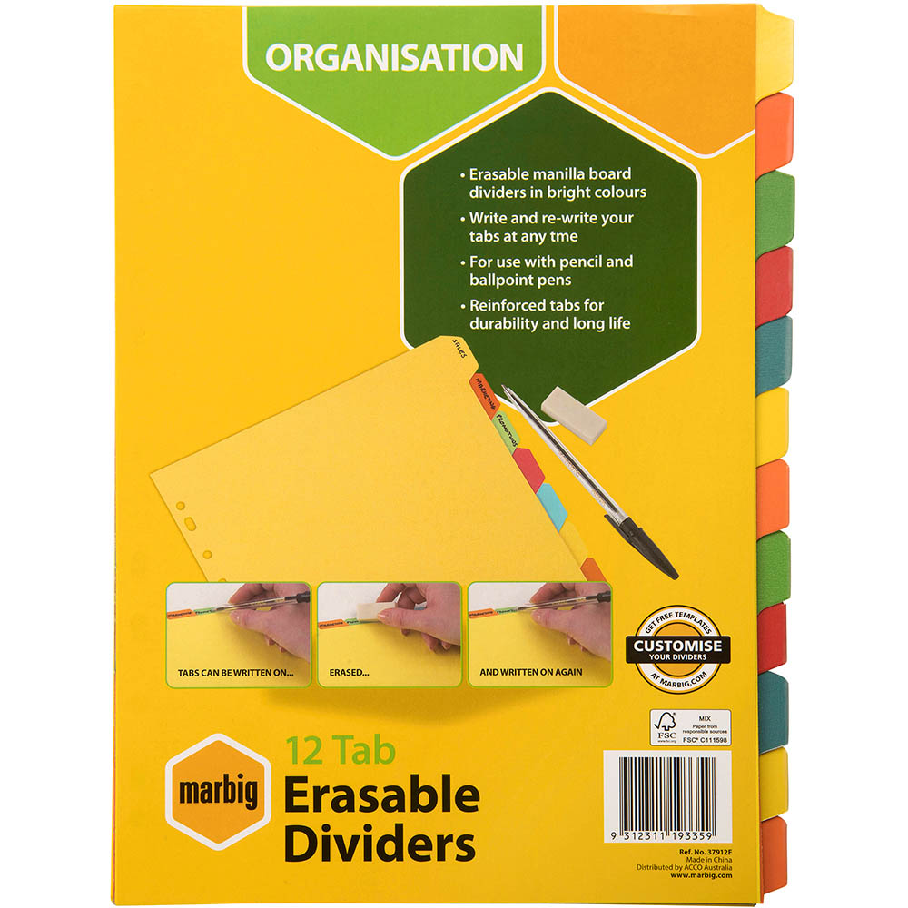 Image for MARBIG DIVIDER ERASABLE MANILLA 12-TAB A4 ASSORTED from Prime Office Supplies