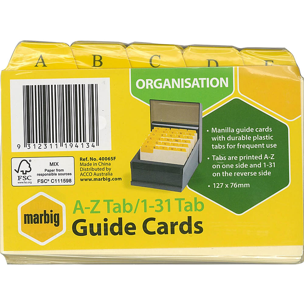 Image for MARBIG GUIDE CARDS A-Z/1-31 TAB 127 X 76MM BUFF MANILLA PACK 30 from York Stationers