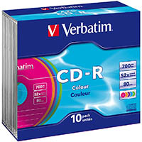 verbatim 41846 cd-r dvd jewel case 700mb 52x coloured pack 10