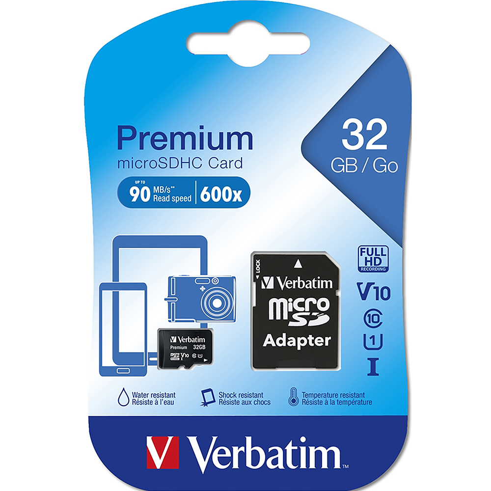 Image for VERBATIM PREMIUM MICROSDHC MEMORY CARD WITH ADAPTER UHS-I V10 U1 CLASS 10 32GB from Mitronics Corporation