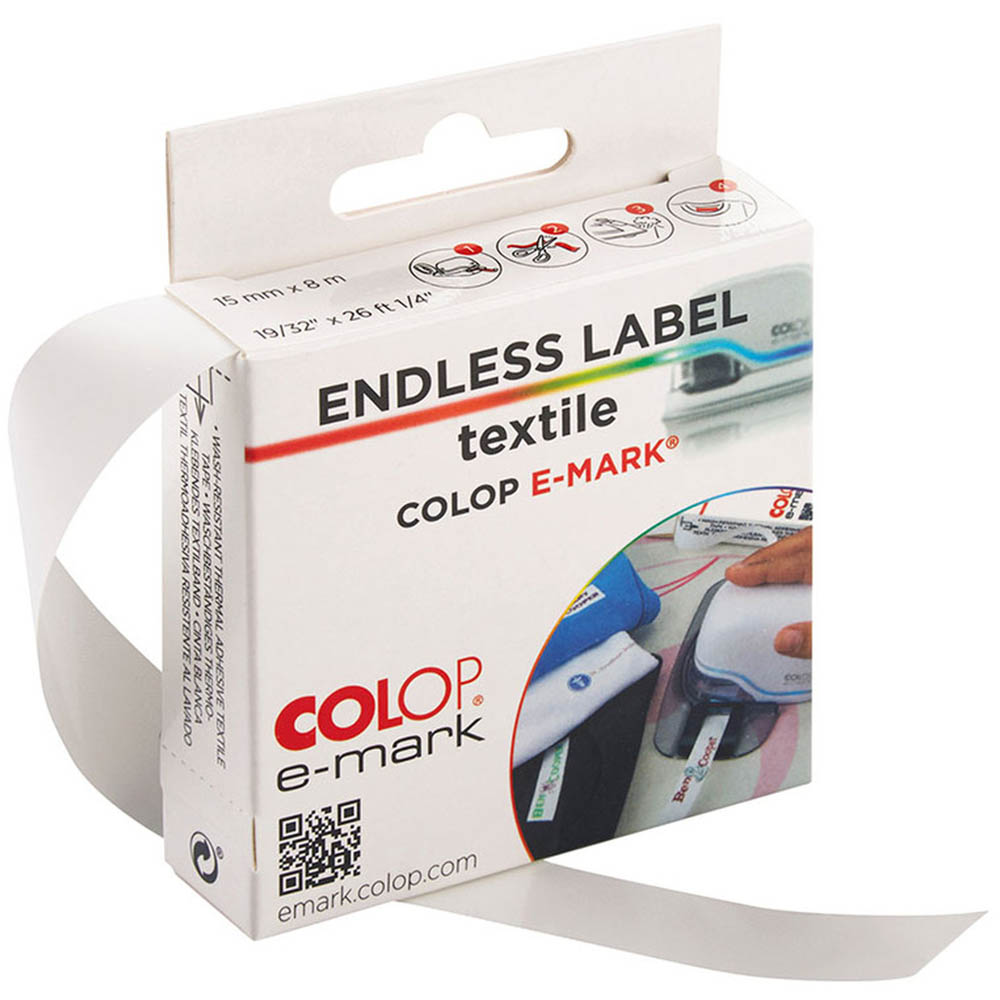 Image for COLOP E-MARK ENDLESS LABEL 14MM X 8M TEXTILE WHITE from Prime Office Supplies