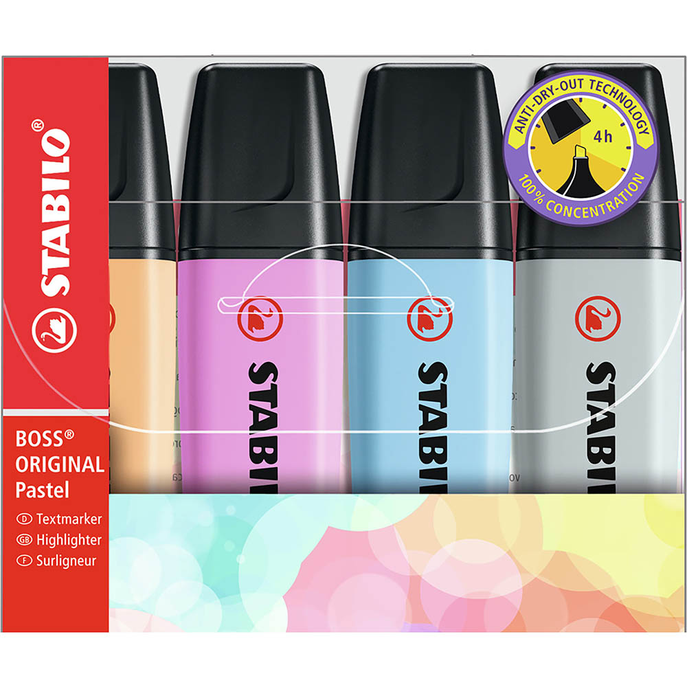 Image for STABILO 70/4-4 BOSS HIGHLIGHTER PASTEL ASSORTED PACK 4 from BusinessWorld Computer & Stationery Warehouse