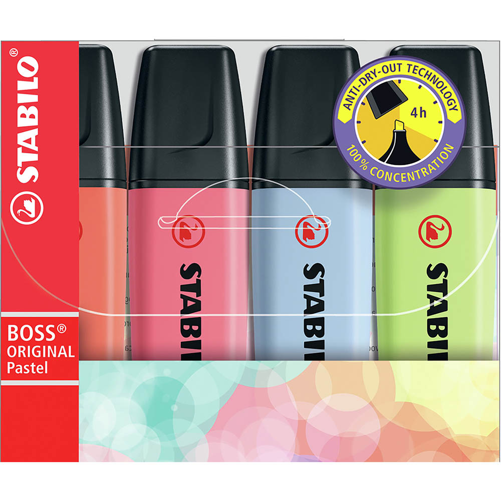 Image for STABILO 70/4-3 BOSS HIGHLIGHTER PASTEL ASSORTED PACK 4 from BusinessWorld Computer & Stationery Warehouse