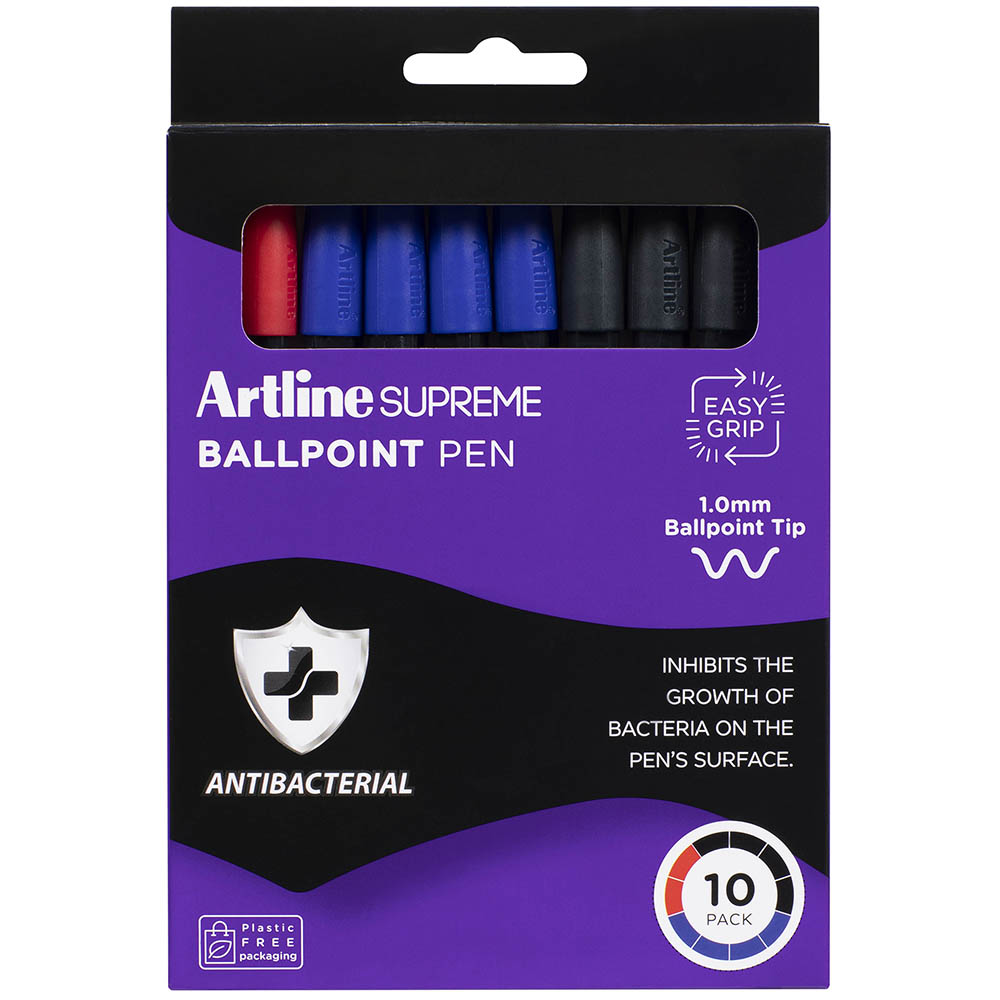 Image for ARTLINE SUPREME ANTIMICROBIAL BALLPOINT PEN 1.0MM ASSORTED PACK 10 from BusinessWorld Computer & Stationery Warehouse