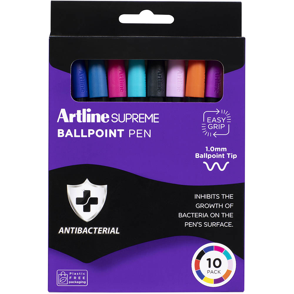 Image for ARTLINE SUPREME ANTIMICROBIAL BALLPOINT PEN 1.0MM ASSORTED BRIGHTS PACK 10 from Buzz Solutions