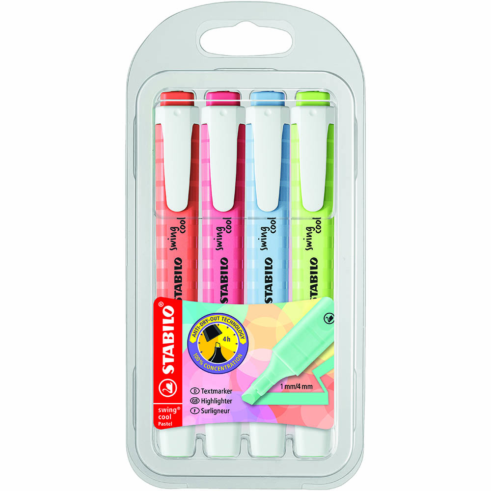 Image for STABILO SWING COOL HIGHLIGHTER CHISEL PASTEL SET 1 ASSORTED PACK 4 from BusinessWorld Computer & Stationery Warehouse