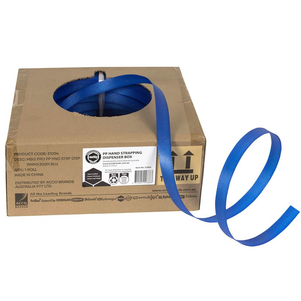 Image for MARBIG HAND STRAPPING DISPENSER 19MM X 1000M X 0.6MM BLUE from Eastland Office Supplies