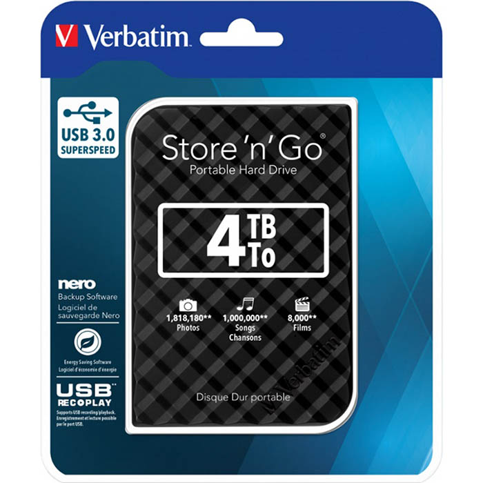 Image for VERBATIM STORE-N-GO GRID DESIGN USB 3.0 PORTABLE HARD DRIVE 4TB BLACK from That Office Place PICTON