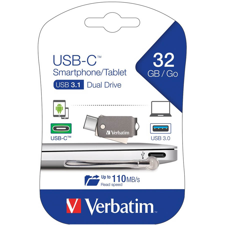 Image for VERBATIM USB-C SMARTPHONE TABLET DUAL FLASH DRIVE USB 32GB GREY from York Stationers