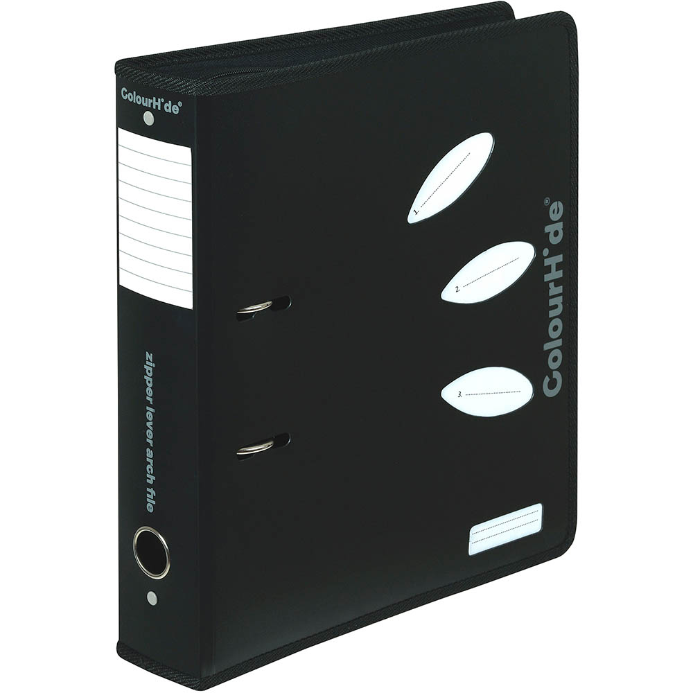 Image for COLOURHIDE ZIPPER LEVER ARCH FILE 70MM A4 BLACK from BusinessWorld Computer & Stationery Warehouse
