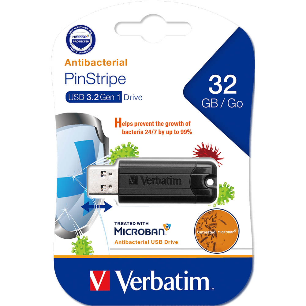 Image for VERBATIM MICROBAN STORE-N-GO PINSTRIPE USB FLASH DRIVE 3.0 32GB BLACK from Challenge Office Supplies