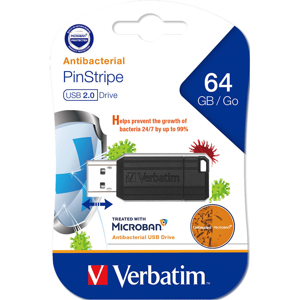Image for VERBATIM MICROBAN STORE-N-GO PINSTRIPE USB FLASH DRIVE 2.0 64GB BLACK from Challenge Office Supplies