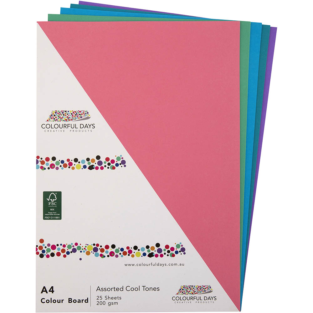 Image for COLOURFUL DAYS COLOURBOARD 200GSM A4 COOL ASSORTED COLOURS PACK 25 from Challenge Office Supplies