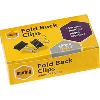 marbig foldback clip 25mm box 12