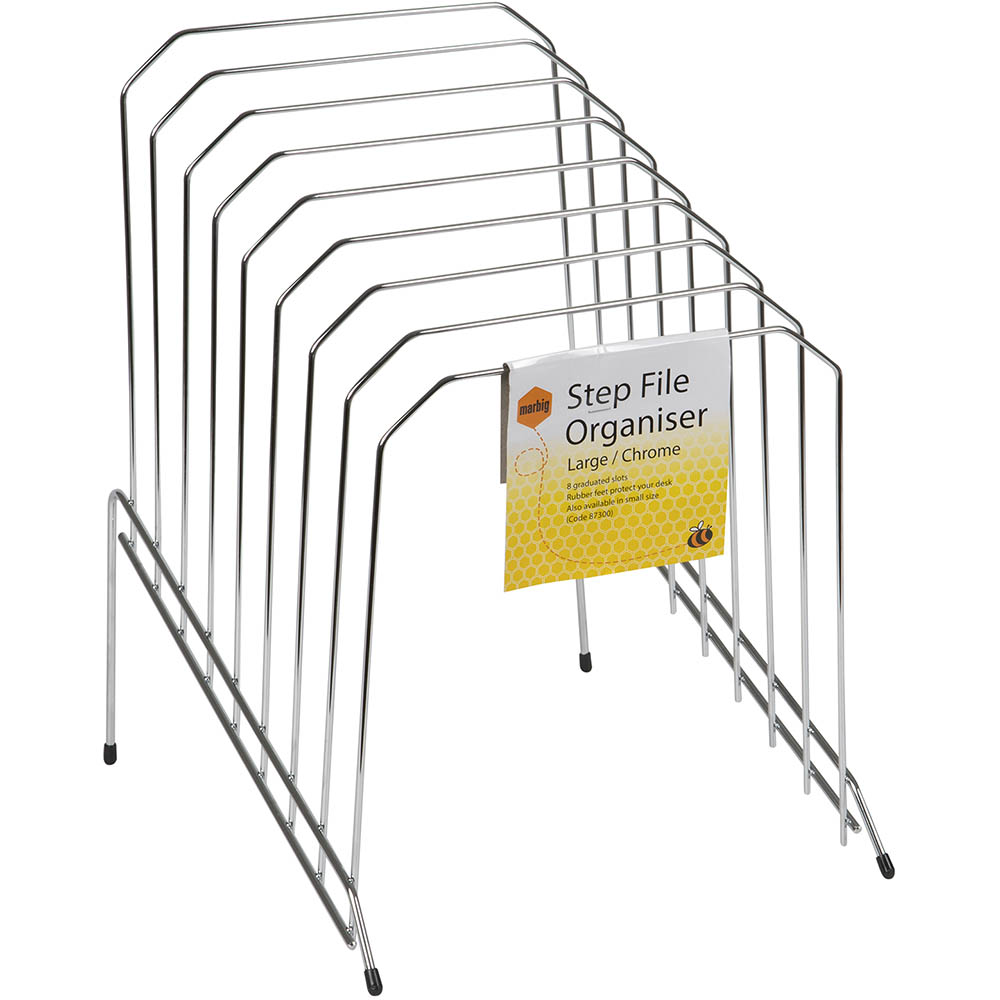 Image for MARBIG STEP FILE WIRE ORGANISER RACK 8 SLOTS LARGE CHROME from Clipboard Stationers & Art Supplies