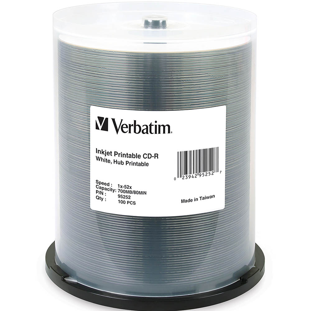 Image for VERBATIM CD-R 700MB 52X PRINTABLE SPINDLE WHITE PACK 100 from Mitronics Corporation